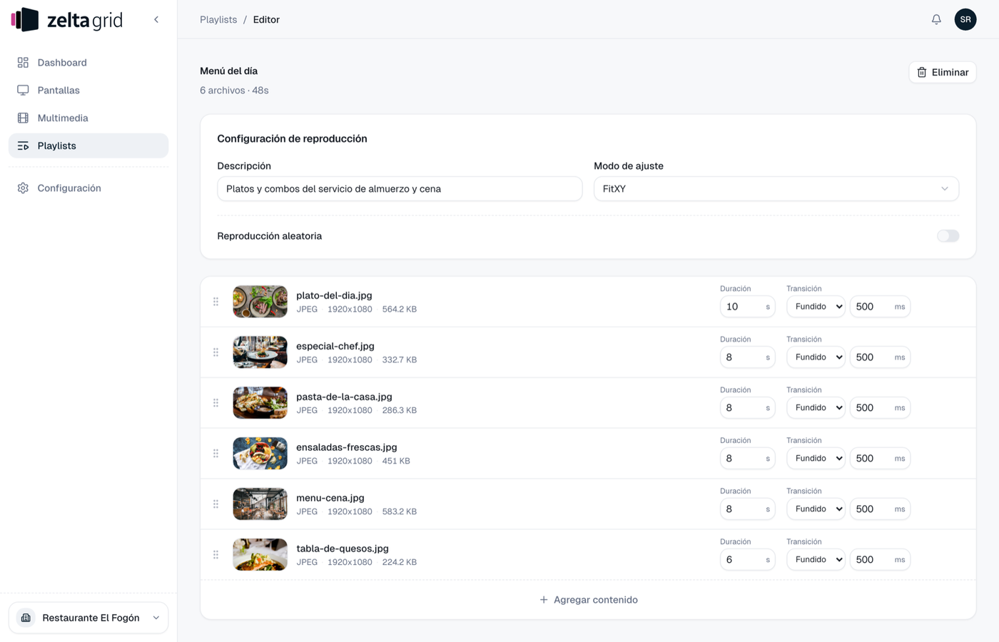 Zelta Grid — playlist editor showing the duration and transition of each file